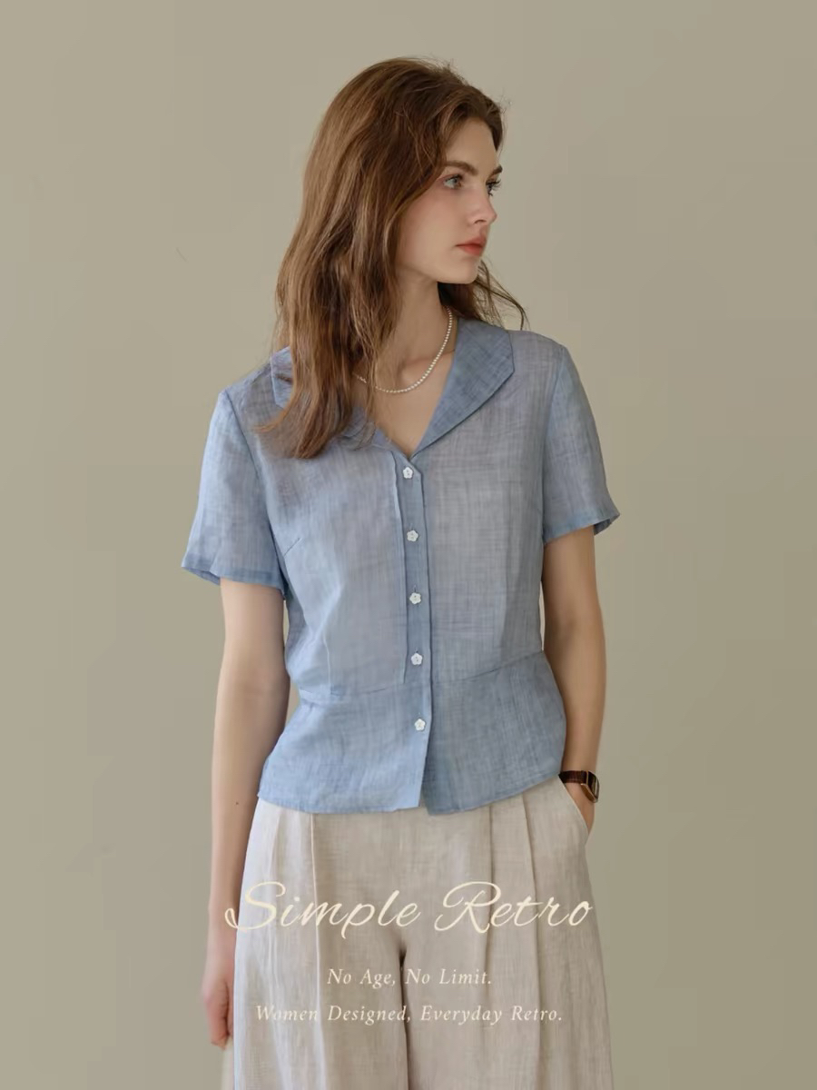 simpleretro 조개 속삭임 주간 실크 라미 폴로 칼라 반팔 여성 셔츠 레트로 쇼트 스타일 출퇴근 작은 셔츠