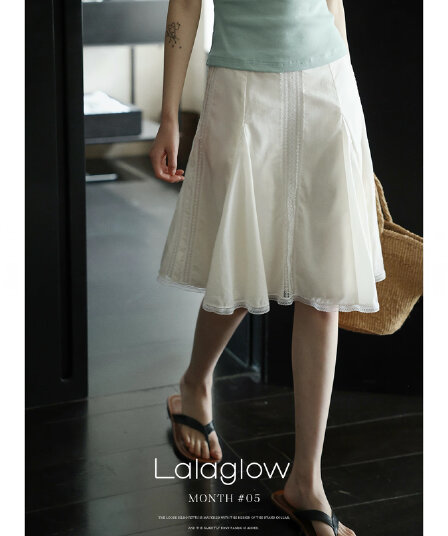 lalaglow 프랑스식 품격 출퇴근 다용도 레이스 조각 기타 자르다 조각 레이스 반신 스커트 여성 슬림해 보이는 A라인 스커트