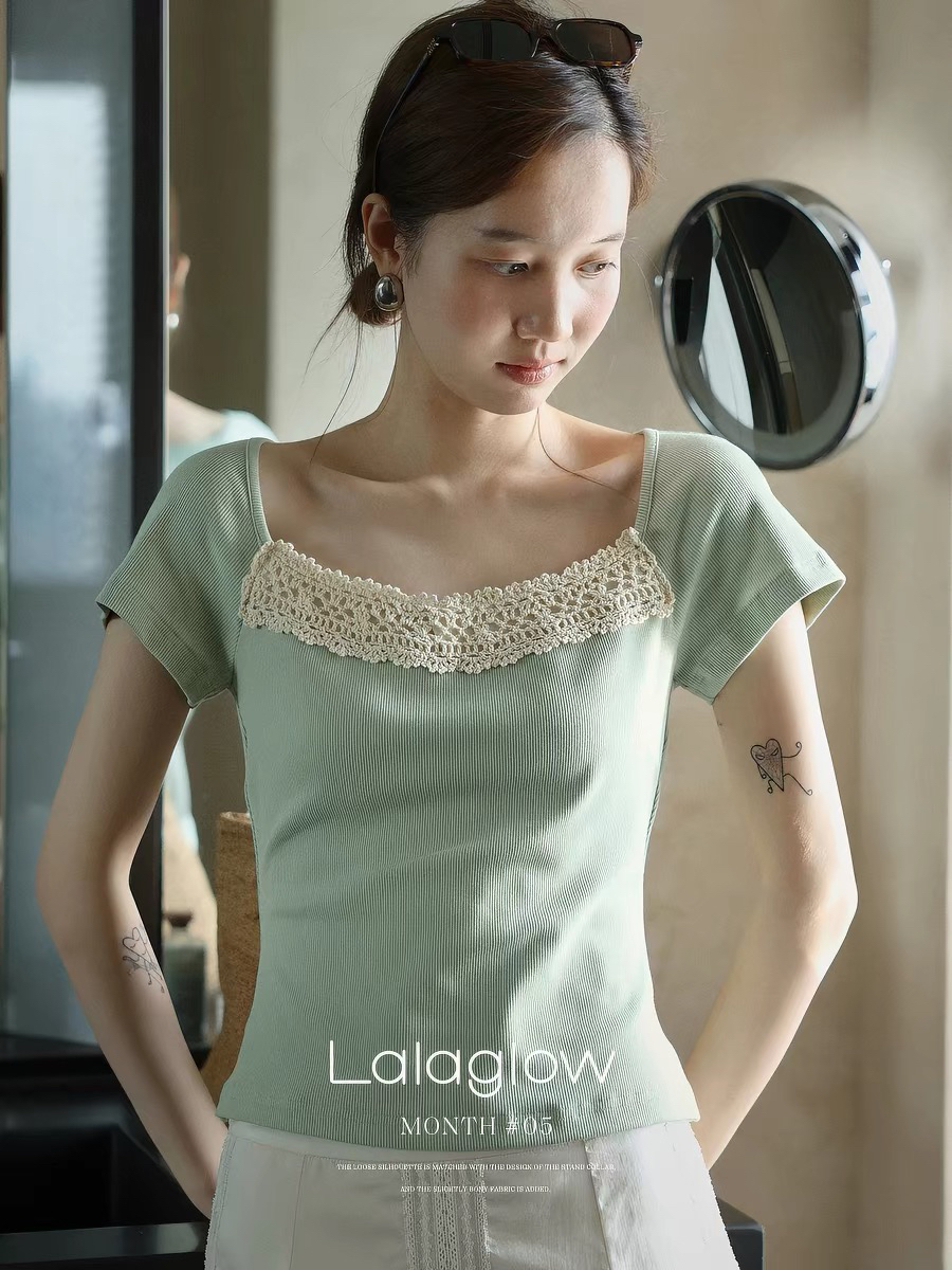 lalaglow 프랑스식 레트로 수공 크로 셰 뜨개질 홀로우 아웃 몸매 가꾸기 슬림해 보이는 레이스 티셔츠 반팔 여성 프로 피부 맨위 여름