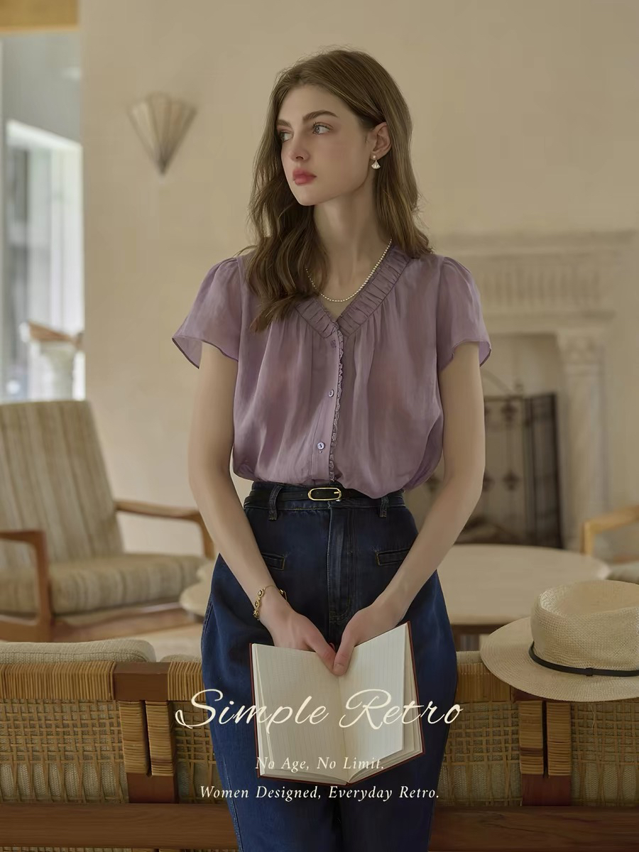 simpleretro 향기로운 芋 라미 V넥 세트 염색 보라색 느긋한 프랑스식 셔츠 레트로 반팔 자외선 차단 셔츠