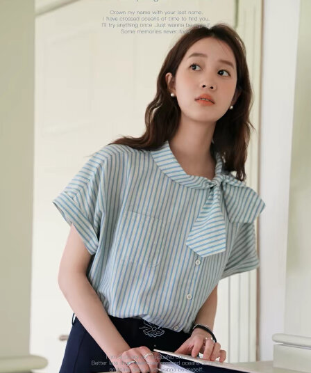 nov elist 심지어 하나 레트로 비대칭 나비 넥타이 작은 셔츠 여름 새로운 비스듬한 문 襟 디자인 스트라이프 여성 셔츠