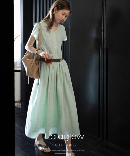 lalaglow 첨부 된 벨트 프랑스식 품격 도루 센스 루즈핏 슬림해 보이는 디스플레이 화이트 반팔 셔츠 드레스 롱 스커트 여성