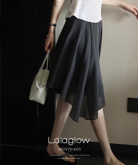 lalaglow 프랑스식 레트로 출퇴근 도루 센스 불규칙 루즈핏 슬림해 보이는 프린트 도트 무늬 반신 스커트 거즈 스커트 여성