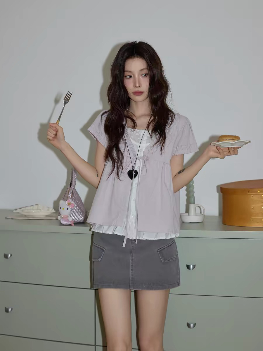 시끄러운 홈 한 부서 보라색 맨위 여성 여름 페이크 레이어드 반팔 셔츠 V넥 품격 루즈핏 슬림해 보이는 셔츠