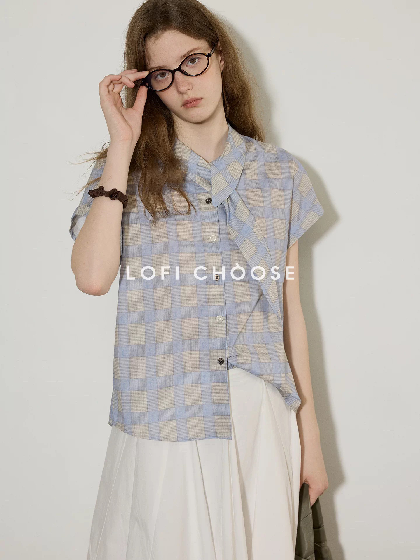 lofi choose 리본 칼라 배색 체크무늬 디자인 센스 반팔 여성 셔츠 여름 새로운 고급 센스 맨위