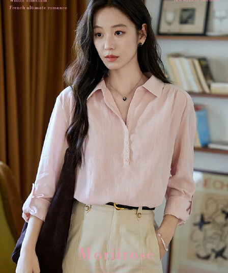 moriirose 핑크색 주간 실크 마 여성 셔츠 가을 폴로 칼라 단추 가을 어깨 소매 둘 착용 품격 출퇴근 맨위