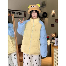 批发冬季新款潮牌设计感领格子拼接棉服<b class='q'>女</b>宽松面包服羽绒棉服外套