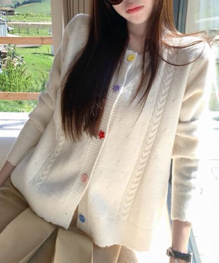 한 부서 Chic 단일 행 무지개 꽃 버클 라운드 넥 트위스트 꽃 니트 스웨터 오픈 가디건 여성 가을 겨울철 루즈핏 다용도 맨위