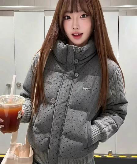 한 부서 달콤함 도트 무늬 니트 패치워크 긴팔 면 의류 여성 코트 겨울 루즈핏 두꺼운 쇼트 스타일 보온 패딩 재킷