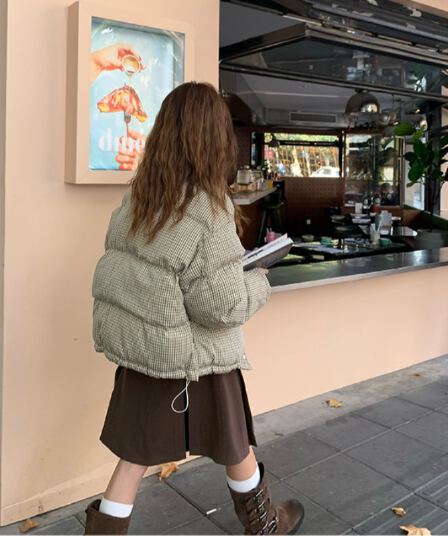 rainy 쇼트 스타일 스탠드 칼라 체크무늬 면 의류 가을 겨울 소녀 패딩 재킷 펌프 로프 보온 면 옷 한 부서 레트로 두꺼움 재킷