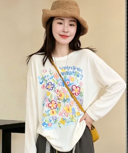 원본 원단 차가운 센스 눈꽃 면 꽃무늬 프린트 긴팔 티셔츠 여름 얇은 스타일 루즈핏 슬림해 보이는 라운드 넥 자외선 차단 맨위