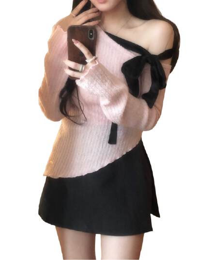 수달 털 나비 매듭 핑크색 비스듬한 어깨 니트 스웨터 여성 가을 겨울철 인사이드 가져 가라. 기본 셔츠 오프숄더 맨위
