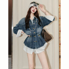 批发韩系设计感收腰<b class='q'>牛仔</b><b class='q'>衬衫</b>女2026春季新款高级感显瘦翻领长袖外套潮