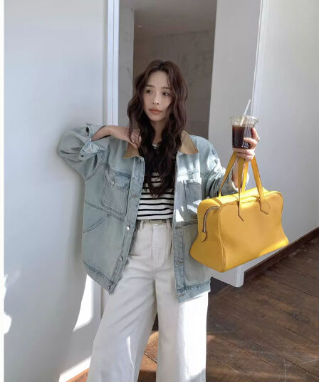 한 부서 데님 여성 코트 가을 고급 센스 레트로 마 오래된 배색 바 En 바람 폴로 칼라 루즈핏 느긋한 바람 재킷