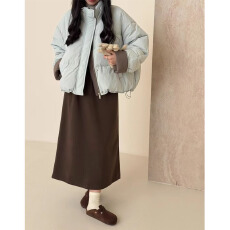批发蓝色羽绒服女撞色立领短款2025冬新款韩版宽松加厚保暖小个子外套