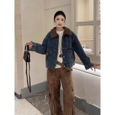 批发秋冬仿兔毛加绒外套女2025新款羊羔毛一体牛仔上衣小个子加厚棉衣