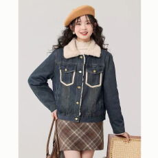 批发复古拼接牛仔毛绒外套女秋冬2025新款加厚加绒小个子夹克上衣