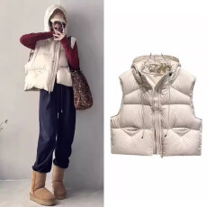 批发2025欧美<b class='q'>秋</b>冬季新款白鸭绒羽绒马甲女小个子连帽宽松短款泡芙背心