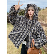 连帽复古格子羽绒棉服女短款2025年冬季新款小个子面包服外套