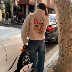 韩版新款立领保暖羊羔毛毛加棉外套后背印花上衣外套女