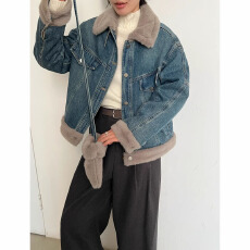 批发MMC牛仔外套女冬季新款加绒加厚宽松显瘦复古拼接短款夹克 配包包