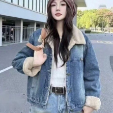 批发冬季牛仔外套女加绒加厚慵懒风港风复古保暖一体绒羊羔绒夹克上衣