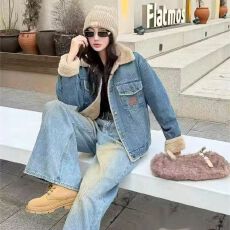 批发港风复古牛仔派克服女短款秋冬季2025新款炸街加绒加厚羊羔毛外套