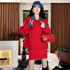 批发慵懒风圣诞红色时尚套装女秋冬衬衫领口毛衣松紧腰半身短裙两件套