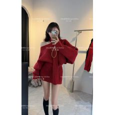 批发甜辣气质针织两件套女韩系围脖+露肩毛衣＋高腰短裙套装