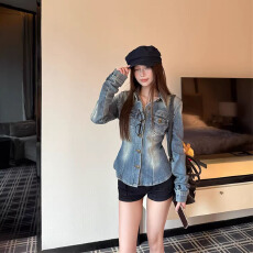 批发复古蓝色长袖衬衫<b class='q'>外套女</b>秋冬修身收腰显瘦牛仔衬衣设计感气质上衣