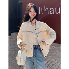 批发韩系米白色短外套女2025秋季新款小个子休闲宽松洋气百搭翻领夹克