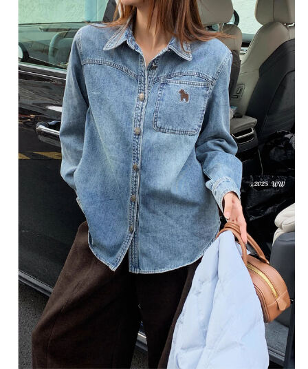 유럽 역 2026 이른 봄 새로운 패션 폴로 칼라 싱글 줄 버튼 자수 작은 말 데님 셔츠 루즈핏 다용도 셔츠
