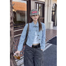 批发美式复古条纹牛仔外套女早秋季短款修身翻领开衫宽松气质正肩夹克