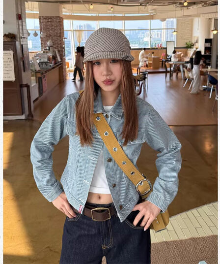 아메리칸 레트로 스트라이프 몸매 가꾸기 데님 재킷 남녀 긍정적 인 어깨 마이크로 루즈핏 쇼트 스타일 오픈 가디건 맨위 가을