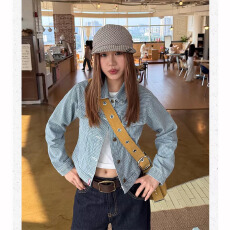 批发美式复古条纹修身牛仔外套男女正肩微宽松短款开衫上衣秋季