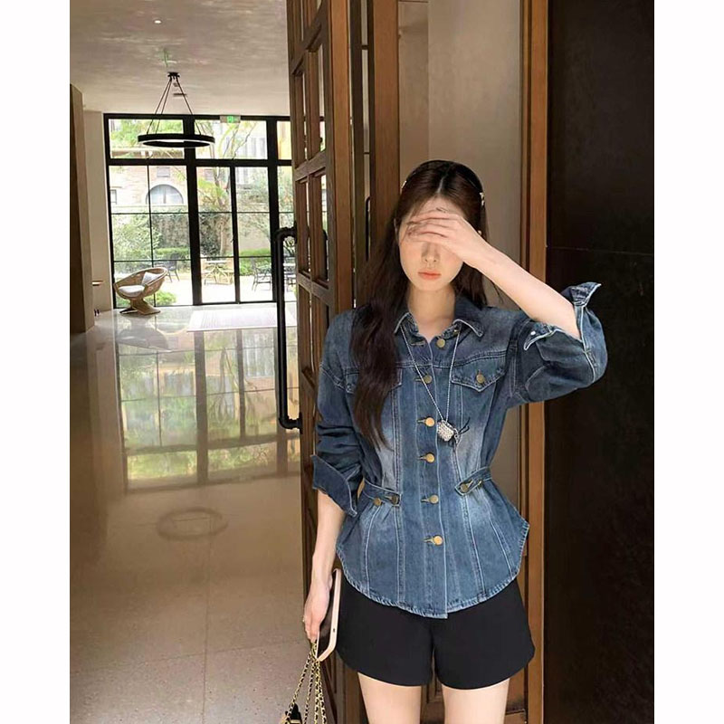 우 77 오버레이 고대 파란색 꼬집기 허리 데님 여성 코트 한국 스타일 폴로 칼라 긍정적 인 어깨 슬림해 보이는 중간 길이 출퇴근 맨위 가을