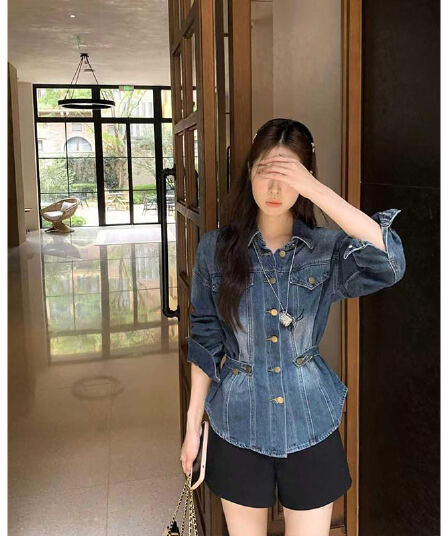 우 77 오버레이 고대 파란색 꼬집기 허리 데님 여성 코트 한국 스타일 폴로 칼라 긍정적 인 어깨 슬림해 보이는 중간 길이 출퇴근 맨위 가을