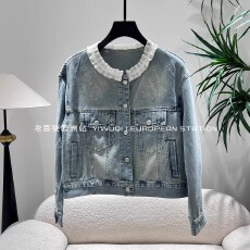 批发欧洲站 2026<b class='q'>春</b>款花边立领重工烫钻轻奢高级薄牛仔短外套女
