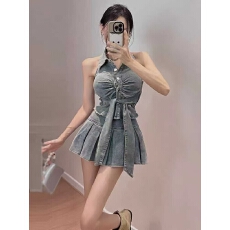 批发复古辣妹风套装短款吊带背心百搭上衣高腰半身裙牛仔两件套潮