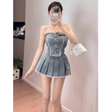 批发辣妹纯欲牛仔两件套女御姐气质显瘦绑带抹胸背心+高腰百褶裙套装