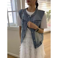 批发<b class='q'>韩国</b>简约百搭<b class='q'>牛仔</b>马甲<b class='q'>外套</b>女韩系百搭坎肩外穿圆领马夹潮