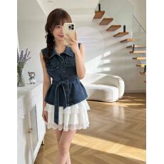 批发2026夏季新款韩系chic减龄复古牛仔背心<b class='q'>蕾丝</b>半身裙<b class='q'>两件套</b>女