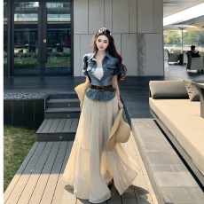 批发港风复古正肩收腰<b class='q'>牛仔</b><b class='q'>衬衫</b>外套<b class='q'>女</b>夏季搭高腰半身裙气质两件套套装