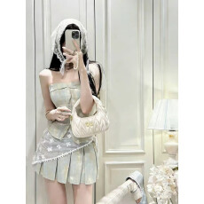 批发纯欲甜辣妹木耳边扎染<b class='q'>牛仔</b>抹胸<b class='q'>上衣</b>蕾丝腰封百褶半身裙两件套装女