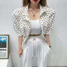 批发韩系波点泡泡袖短款外套女 <b class='q'>夏</b>季薄款设计感抽绳立领拉链开衫上衣