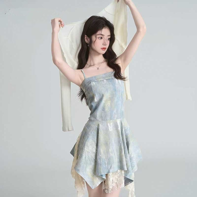 여름 한 부서 달콤함 부드러운 바람 홀치기 염색 레이스 슬립 오프숄더 여성 드레스 오픈 가디건 투피스 세트