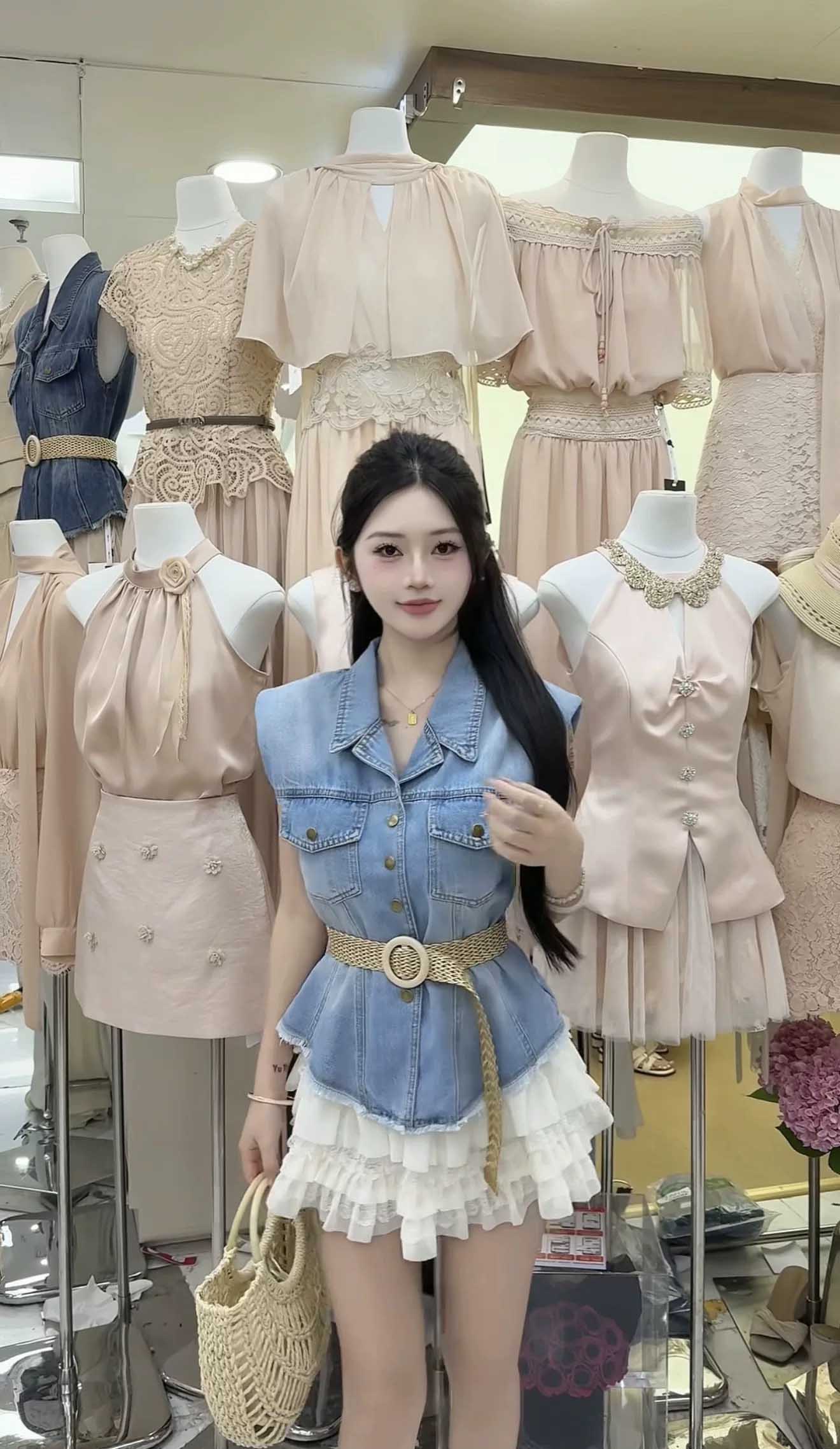 2026 여름 레트로 데님 블루 밝은색 정장 작은 폴로 칼라 어깨 패드 허리 수축 싱글 줄 버튼 거친 가장자리 데님 베스트