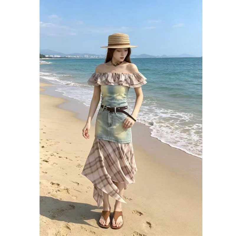 2026 여름 새로운 오프숄더 프릴 폴로 칼라 패치워크 쉬폰 블라우스 데님 맨위 불규칙 반신 치마 세트