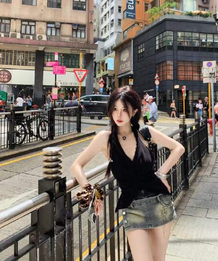 본부 핫걸 아메리칸 레트로 중간 허리 바지 여성 핫걸 반바지 데님 스커트 미니 스커트 여름 행침 목 조끼 세트