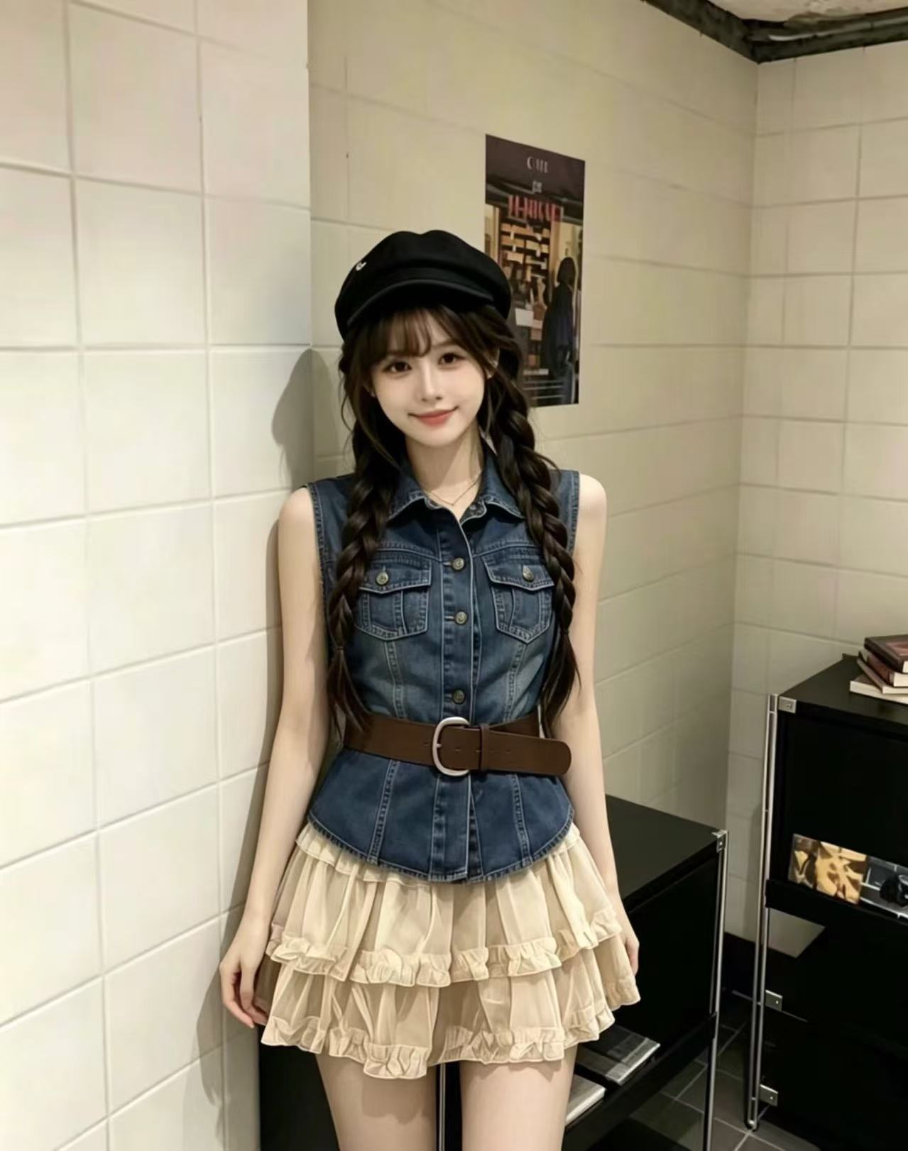 한 부서 레트로 허리 수축 워싱 다용도 데님 민소매 맨위 하이웨이스트 프릴 슬림해 보이는 반신 스커트 두 조각 여성 세트